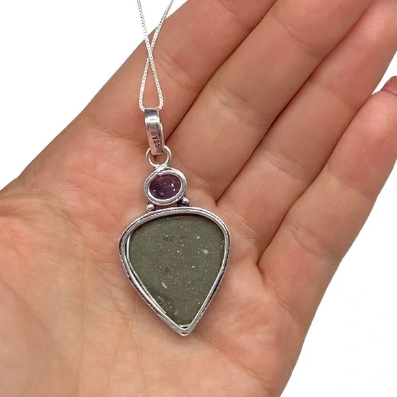 Abalone Shell & Amethyst Crystal Necklace Pendant Sterling Silver 925 Jewelry - Picture 6 of 7